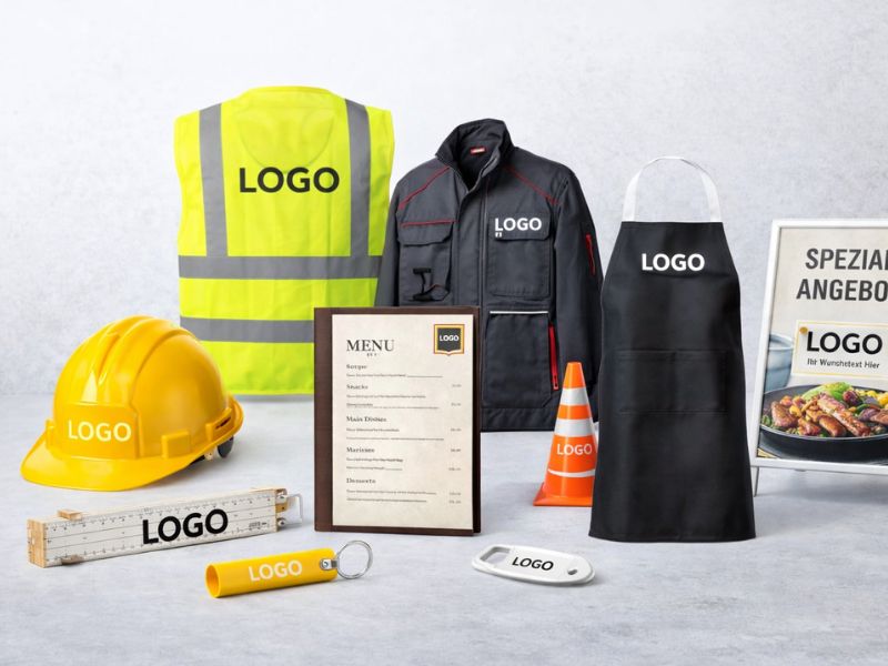 Werbemittel aller Art f&uuml;r Gastronomie, Handwerk und Events, zum Beispiel Helme, Zollst&ouml;cke, Arbeitskleidung, Kundenstopper
