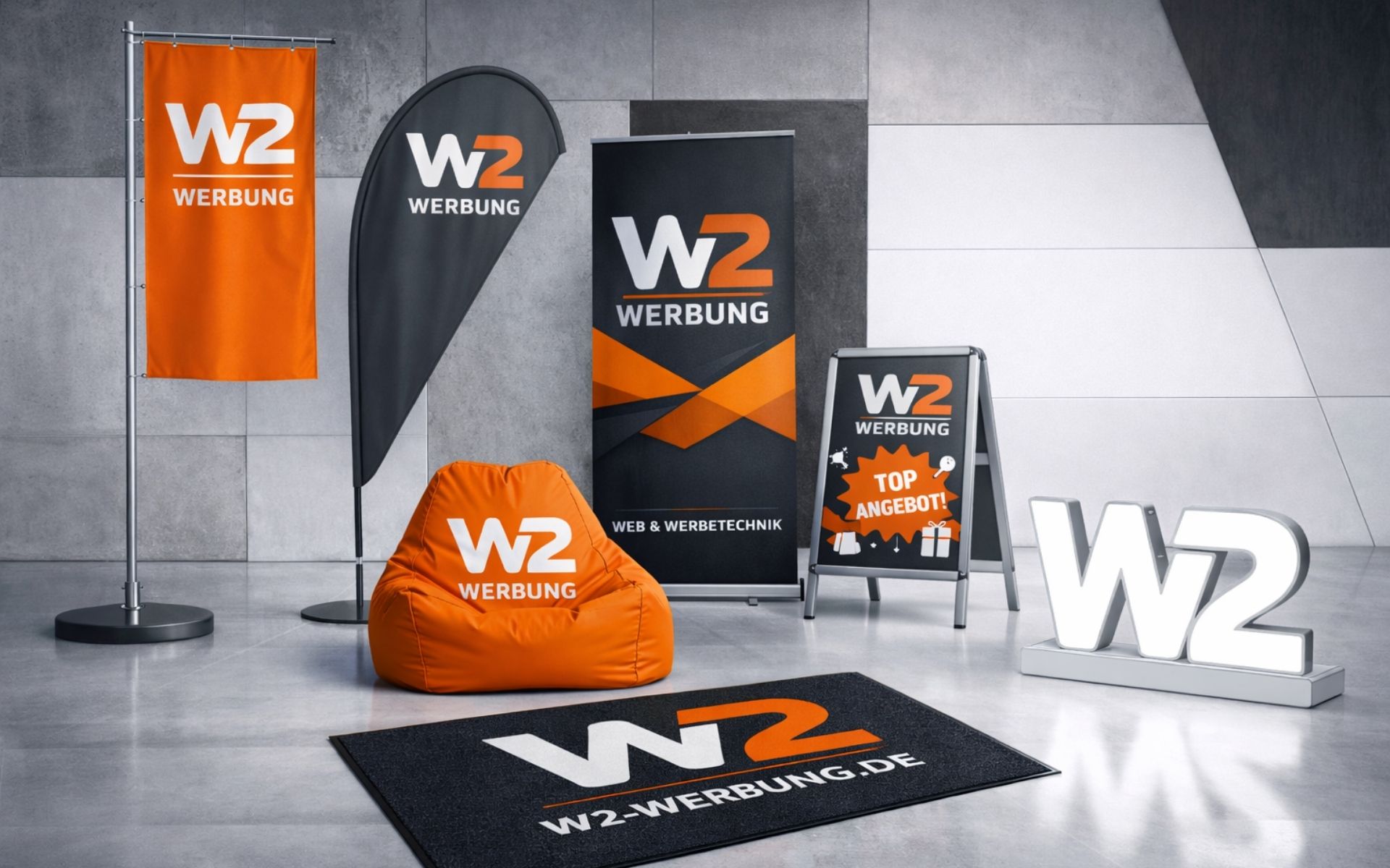 Werbeproduktion von Flaggen, Beachflags, Roll-Ups, Kundernstoppern, Sitzs&auml;cken und vielen mehr, individuell bedruckt mit eigenem Logo durch W2 Werbung